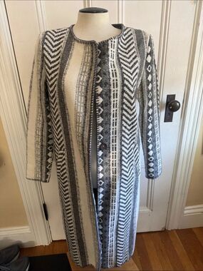 Anama Anthropologie  Long Knit Wool Open-Front Jacket Cardigan in Gray/White